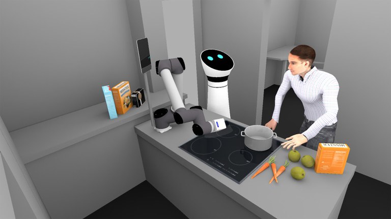 Ein Computerbild auf dem jemand kocht während ein Roboter neben ihm steht. 