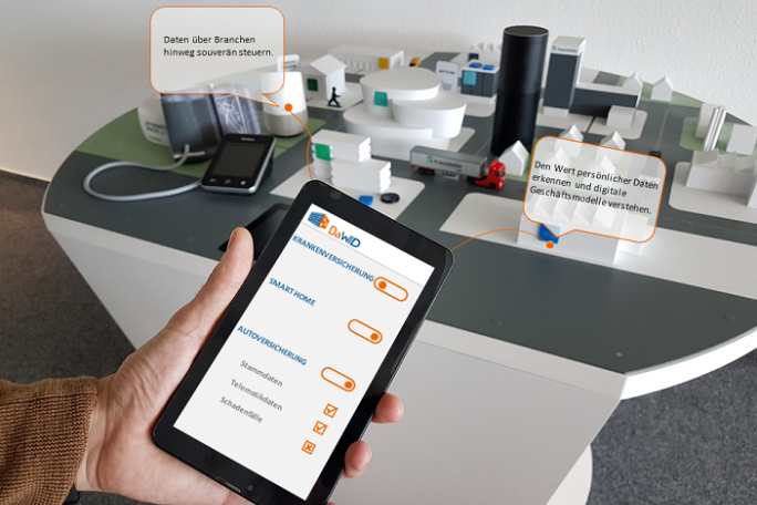 Es ist eine Hand abgebildet, die ein großes Smartphone bzw. ein kleines Tablet hält, auf dem sich Parameter zu Krankenversicherung, Smart Home und Autoversicherung finden, die sich ein- und ausschalten lassen. Im Hintergrund befindet sich ein Tisch mit einem Modell einer Stadt und technischen Geräten. 