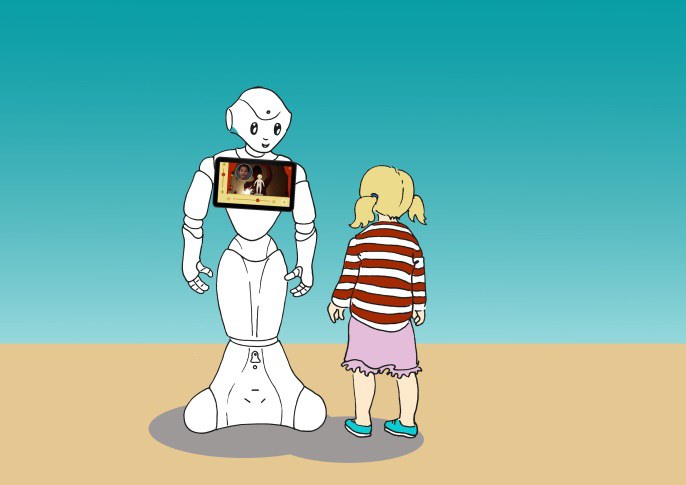 Mädchen steht vor Roboter.