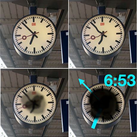 Man sieht vier typische Bahnhofsuhren. Oben links sieht die Uhr norhmal aus. Oben rechts fangen die Zeiger verschwommen auszusehen. Unten links sieht man einen schwarzen Fleck mittig der sich langsam ausbreitet und grauer und schwacher wird. Unten rechts ist fast die gesamte Uhr schwarz allerdings sieht man digital die Uhrzeit als Zahl eingeblendet.