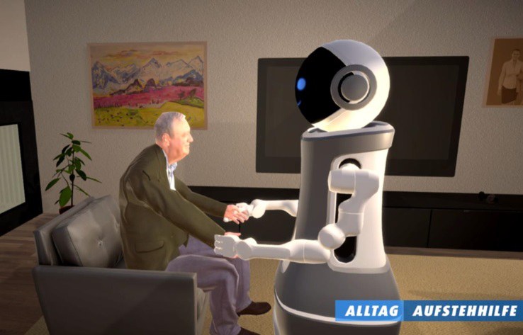 Roboter hilft altem Mann aufzustehen.