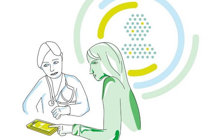Zeichnung von einer Ärztin und einer Patientin, die gemeinsam auf ein Tablet schauen. die Patientin bedient das Tablet.