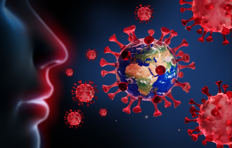 Mehrere überdimensionale rote Viren neben einem menschlichen Gesicht im Profil. Der Mittelteil von einem der Viren sieht aus wie die Erde.