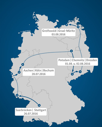 Karte: Route der Sommerreise. Stuttgart, Aachen, Köln, Bochum, Potsdam, Chemnitz, Dresden, Greifswald, Graal-Müritz